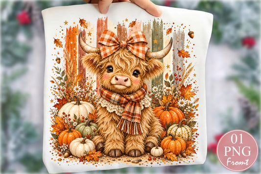 Fall Highland Cow PNG Autumn Pumpkin Orange Plaid Bow Sublimation