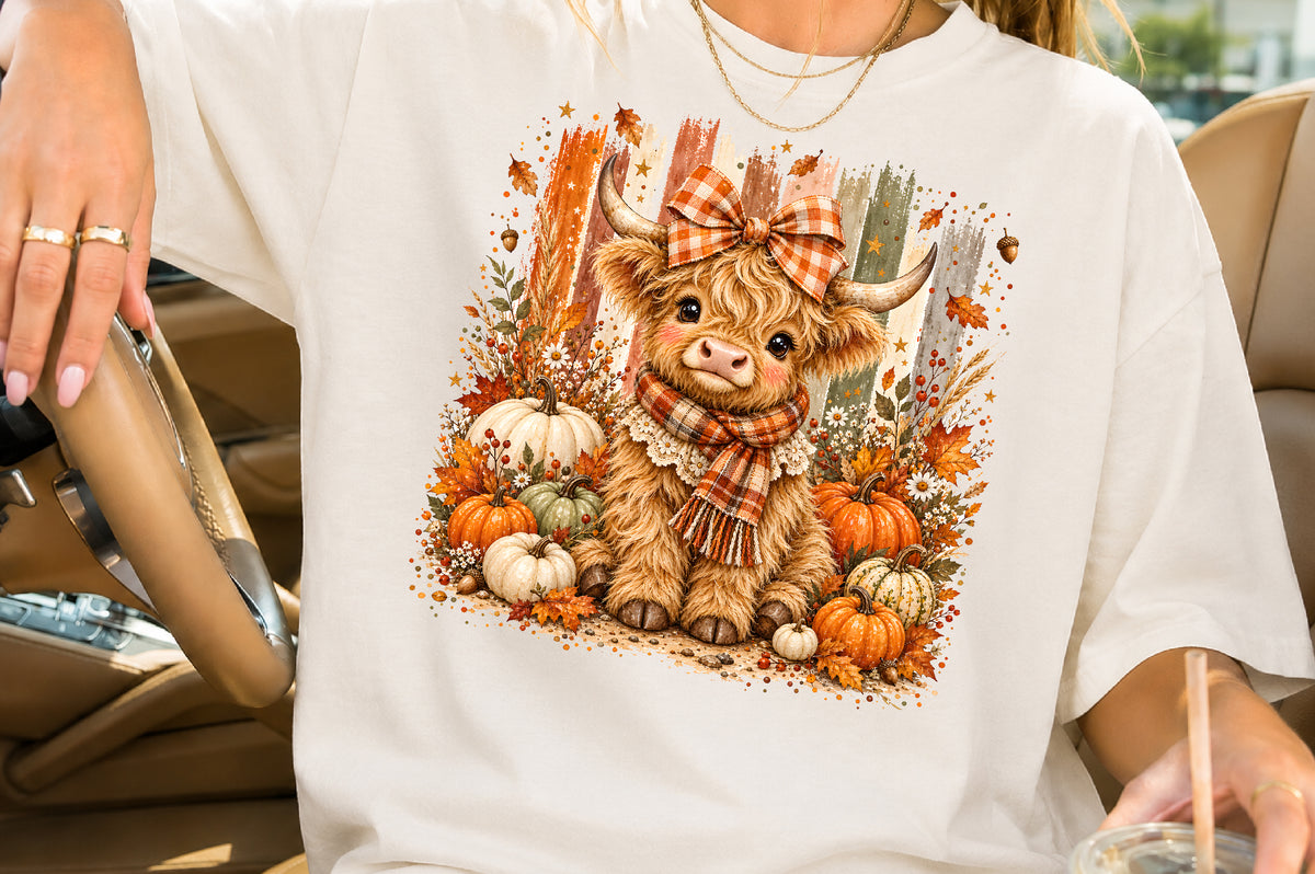 Fall Highland Cow PNG Autumn Pumpkin Orange Plaid Bow Sublimation