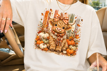 Fall Highland Cow PNG Autumn Pumpkin Orange Plaid Bow Sublimation