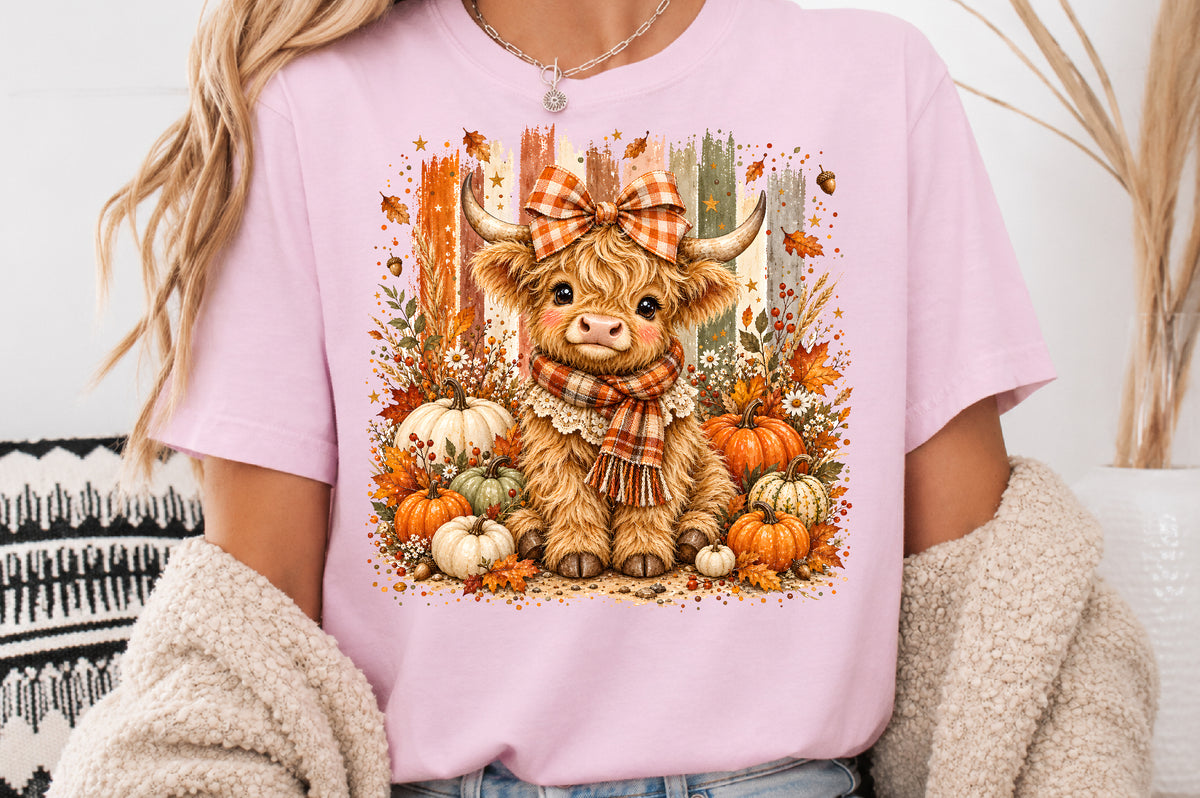 Fall Highland Cow PNG Autumn Pumpkin Orange Plaid Bow Sublimation