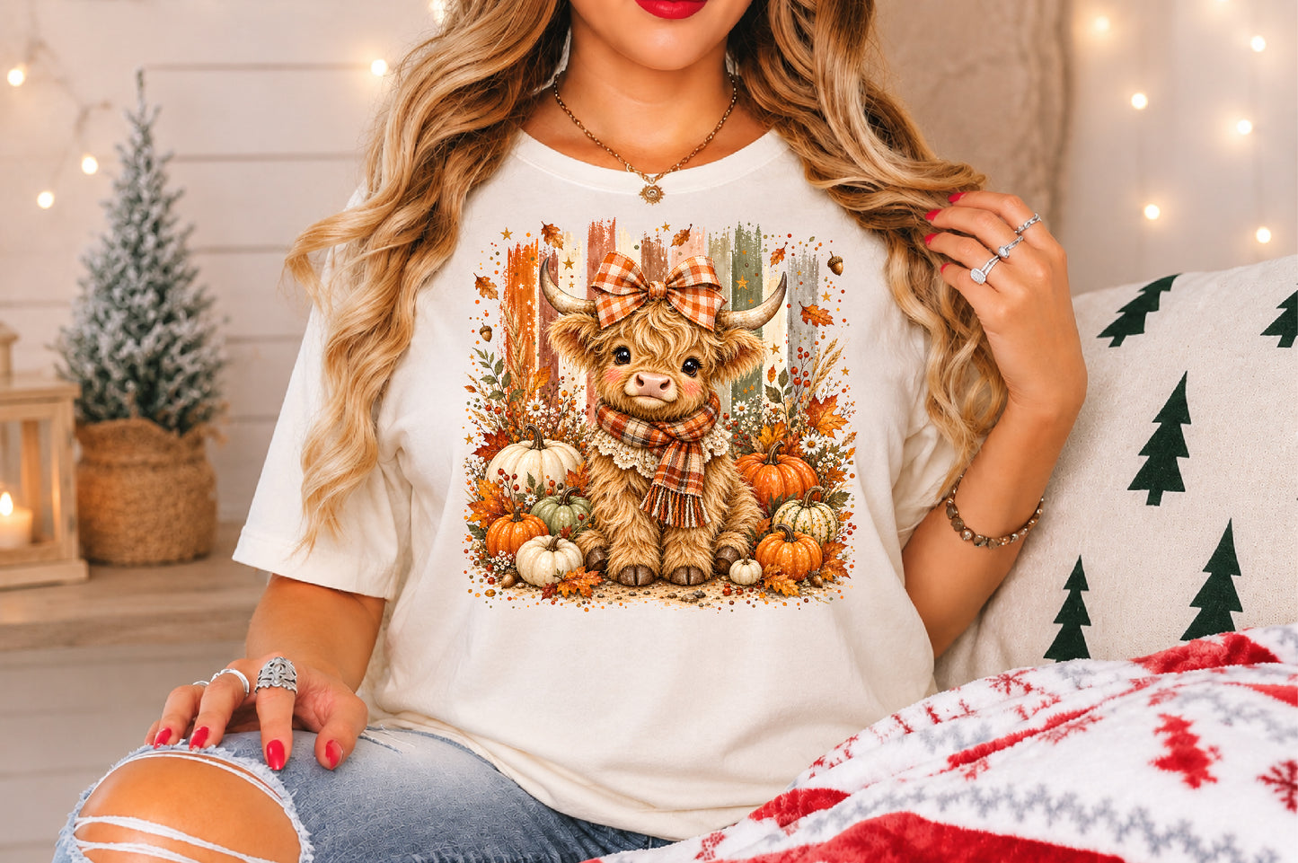 Fall Highland Cow PNG Autumn Pumpkin Orange Plaid Bow Sublimation
