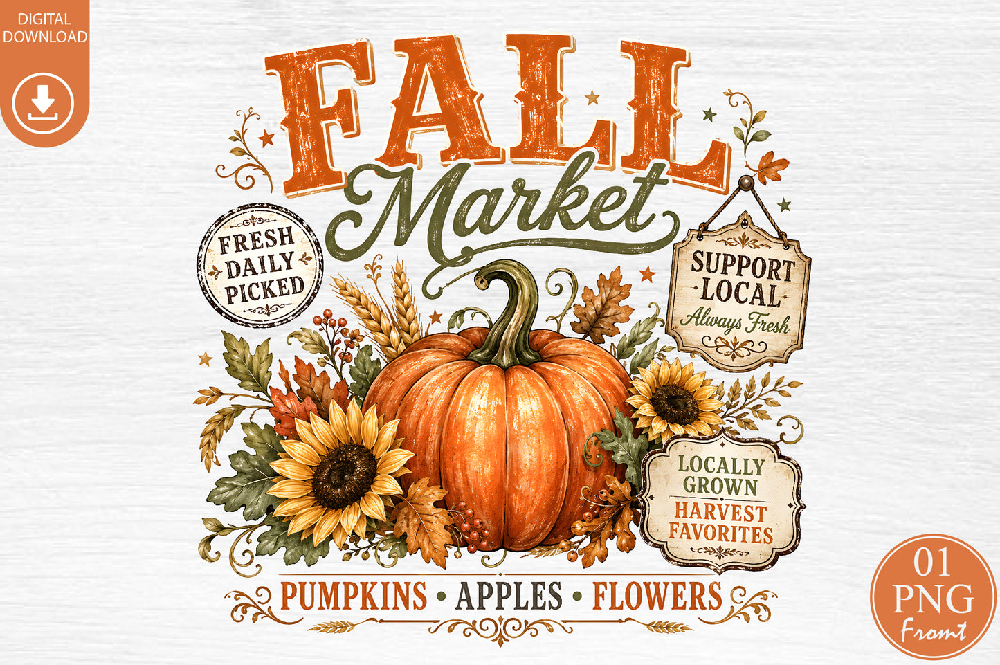 Fall Market PNG Vintage Autumn Pumpkin Harvest Sublimation Design
