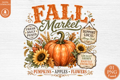 Fall Market PNG Vintage Autumn Pumpkin Harvest Sublimation Design