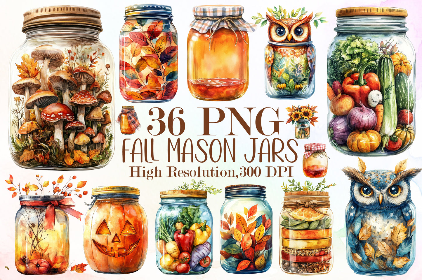 Fall Mason Jars Clipart Bundle 36 PNG