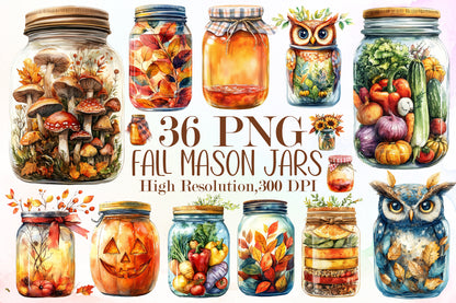 Fall Mason Jars Clipart Bundle 36 PNG