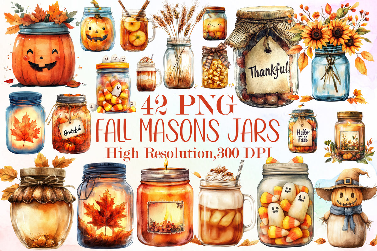Fall Mason Jars Clipart Bundle 42 PNG