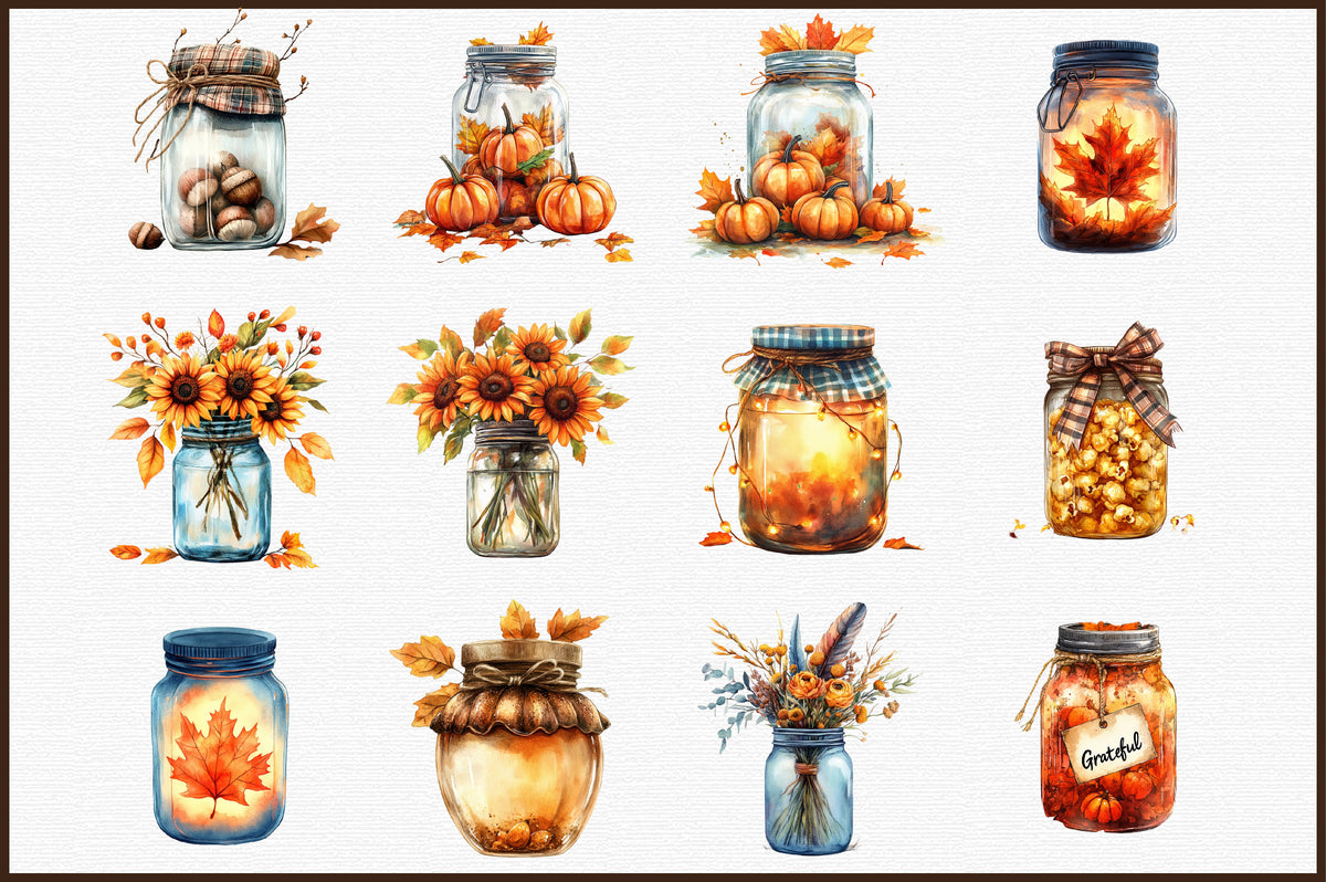 Fall Mason Jars Clipart Bundle 42 PNG