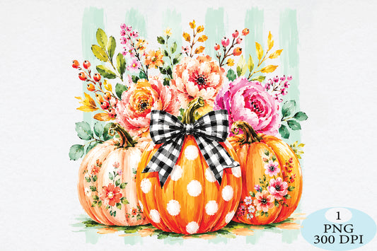 Fall Pumpkin Floral Bow PNG