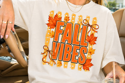 Fall Vibes Sublimation PNG Orange Bow Autumn Leaves Seasonal Design