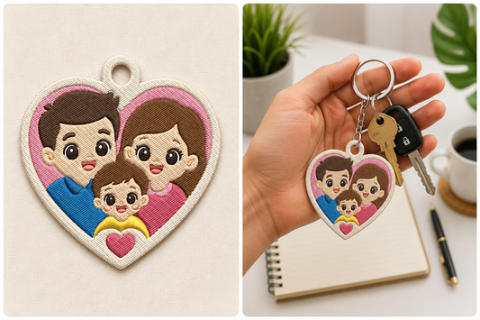 Family Keychain Embroidery Design – Cute Family Love Machine Embroidery Pattern, Family Key Fob & Bag Charm Embroidery Design