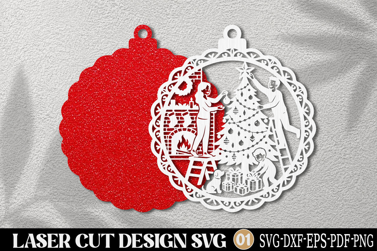 Family Decorating Christmas Tree Ornament SVG | Christmas Laser Cut SVG