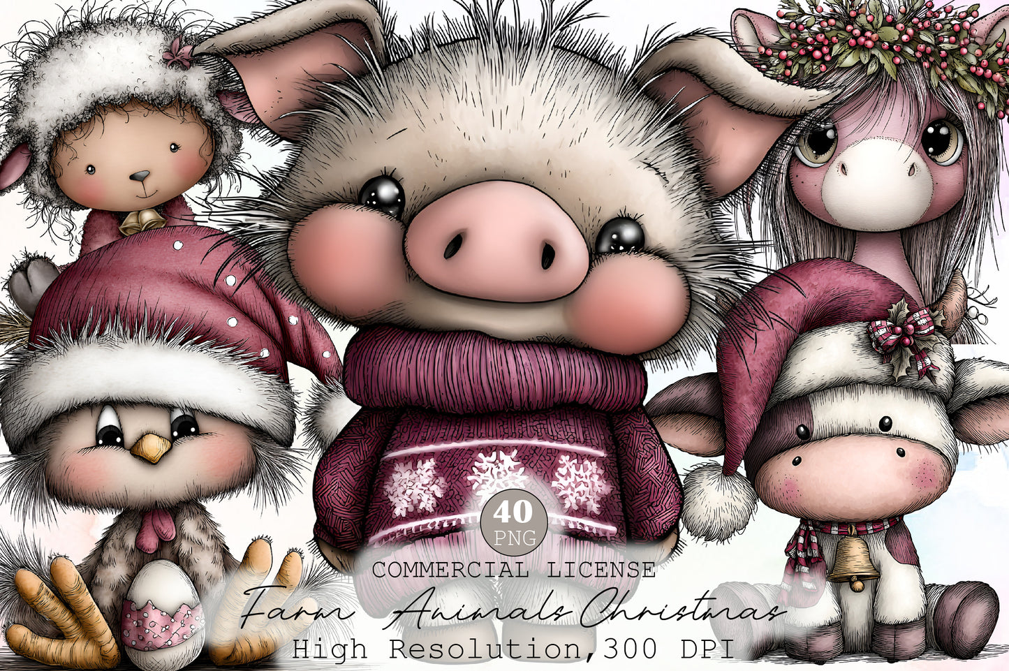 Cute Farm Animals Christmas Clipart PNG Bundle Commercial Use