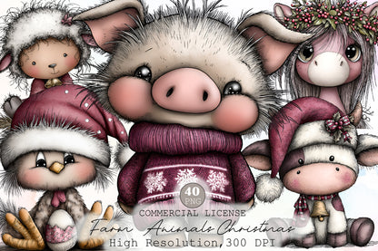 Cute Farm Animals Christmas Clipart PNG Bundle Commercial Use