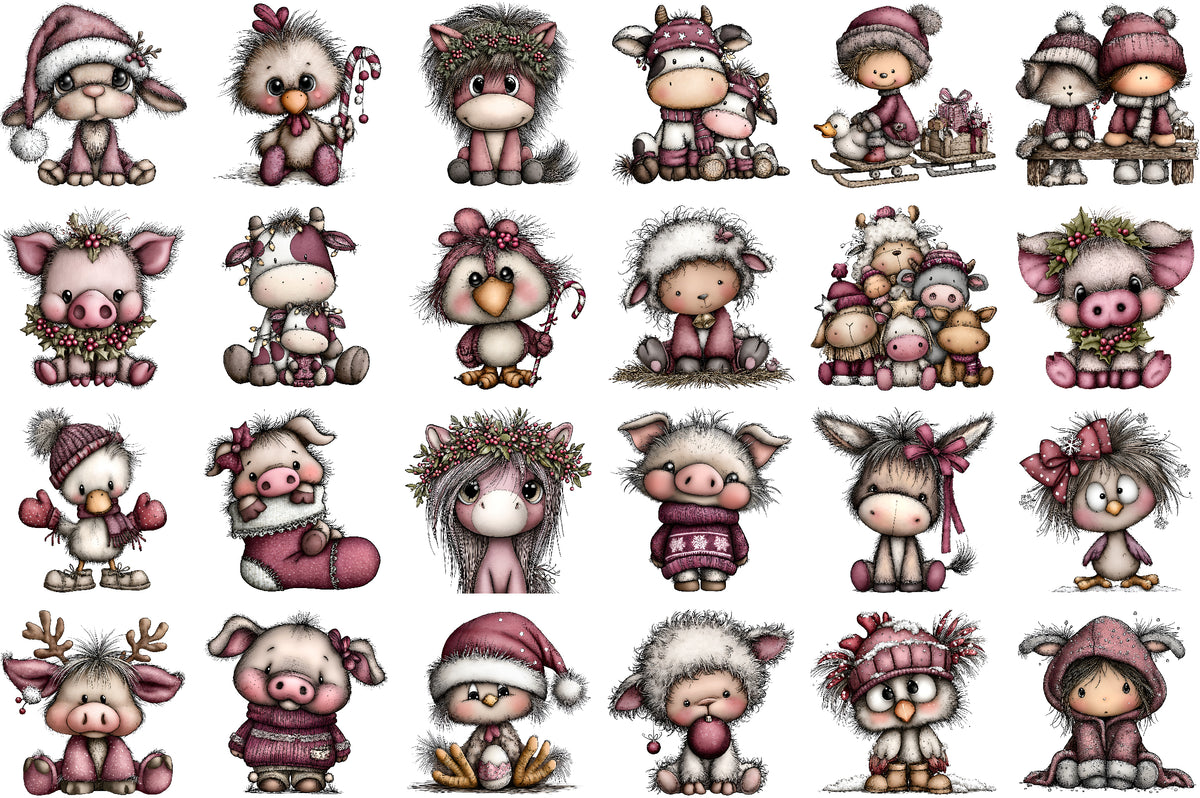 Cute Farm Animals Christmas Clipart PNG Bundle Commercial Use