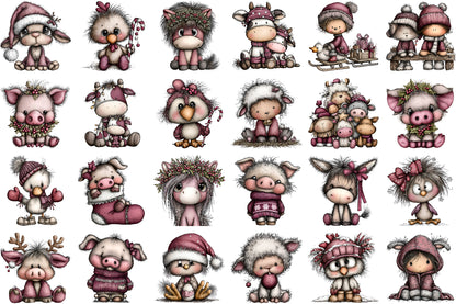 Cute Farm Animals Christmas Clipart PNG Bundle Commercial Use