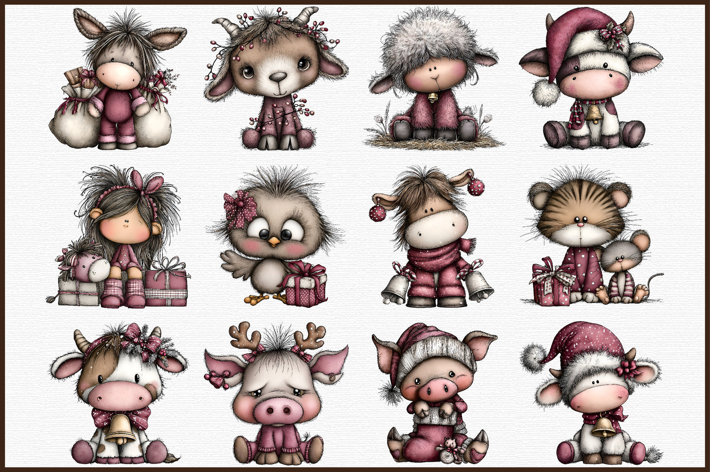 Cute Farm Animals Christmas Clipart PNG Bundle Commercial Use