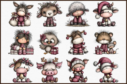 Cute Farm Animals Christmas Clipart PNG Bundle Commercial Use