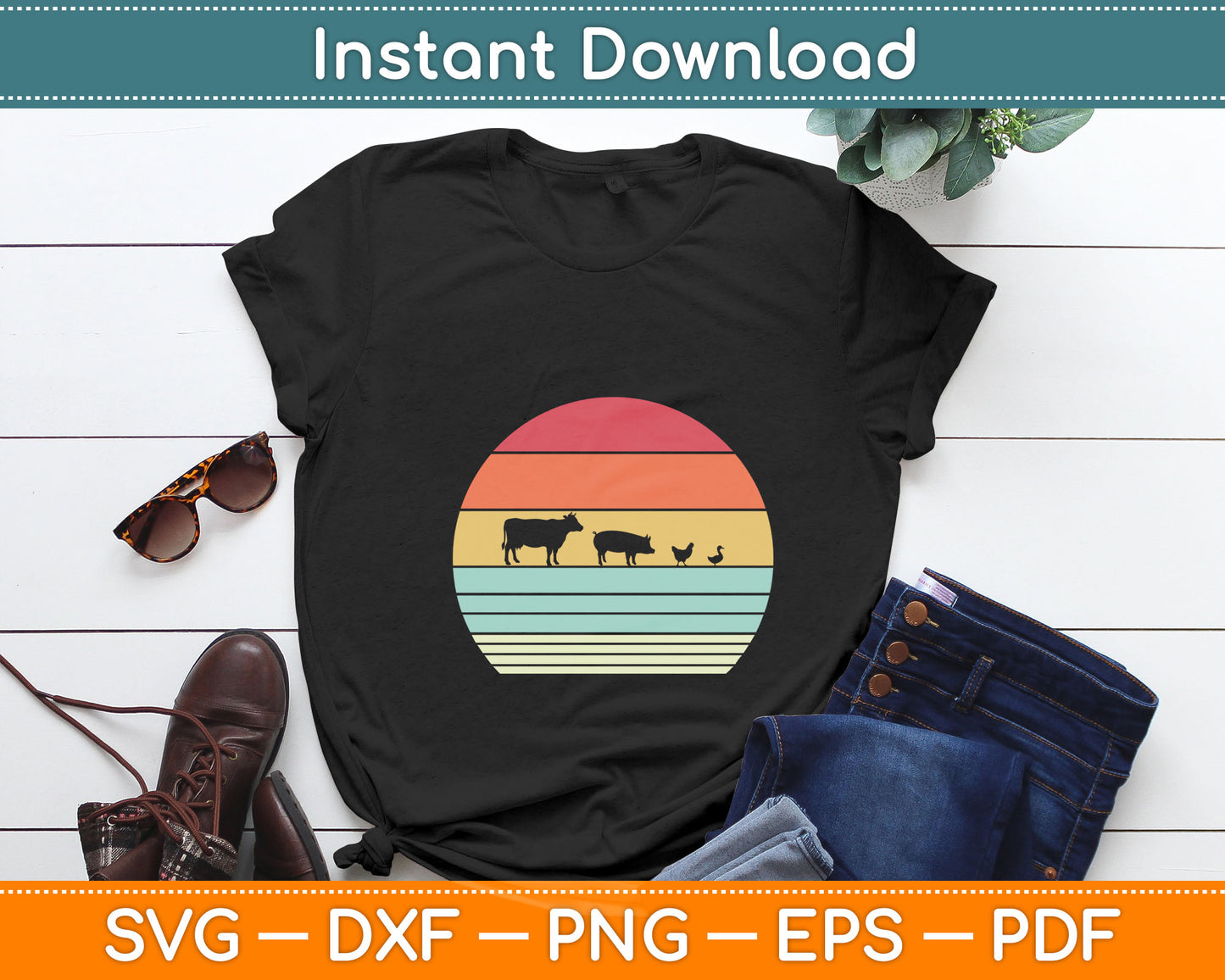 Farm Animals Retro Cow Pig Chicken & Duck Svg Digital Cutting File