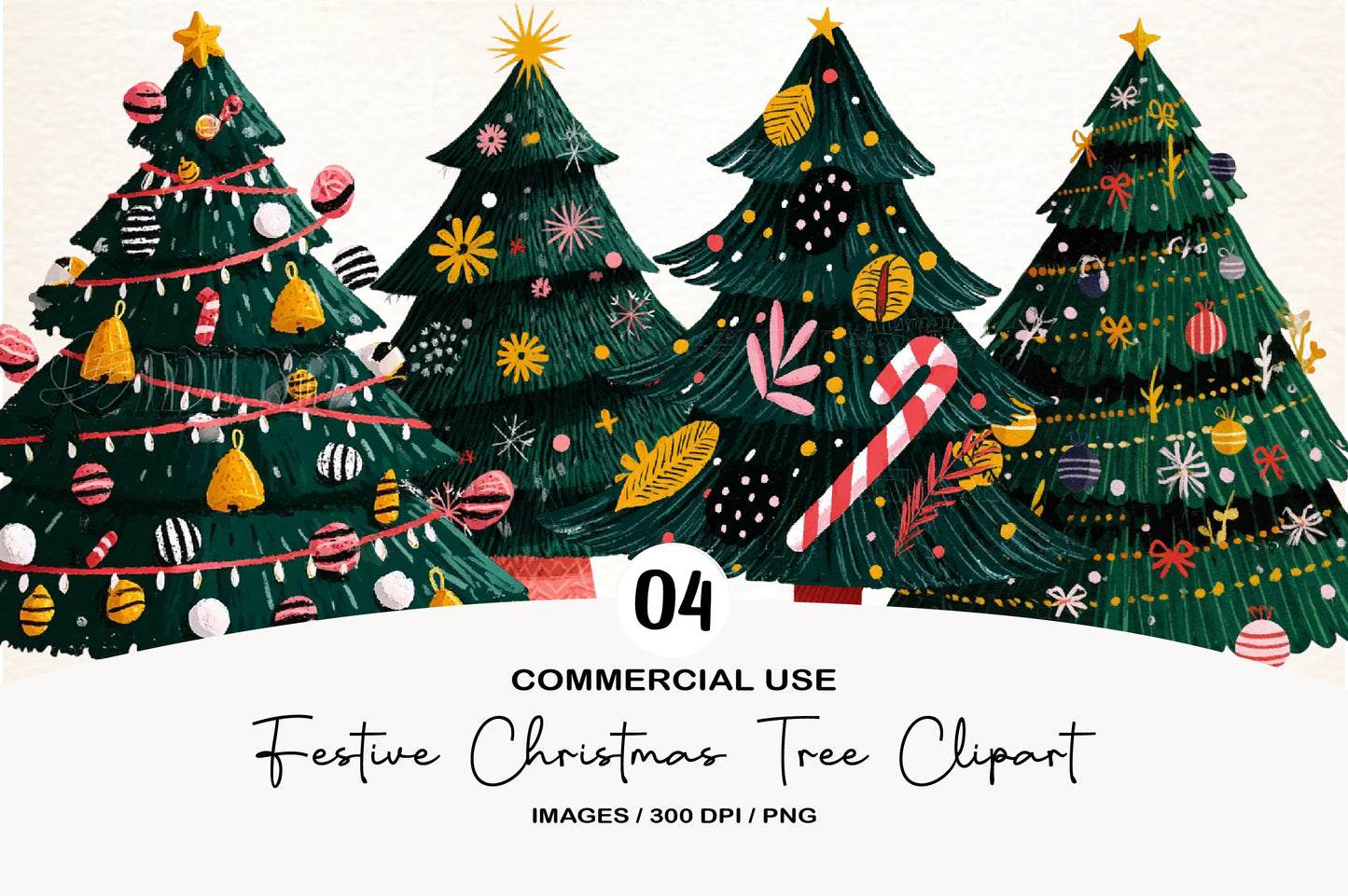 Festive Christmas Tree Clipart PNG Bundle | Cute Watercolor Holiday Christmas Trees | Winter Tree PNG