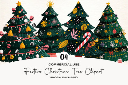 Festive Christmas Tree Clipart PNG Bundle | Cute Watercolor Holiday Christmas Trees | Winter Tree PNG
