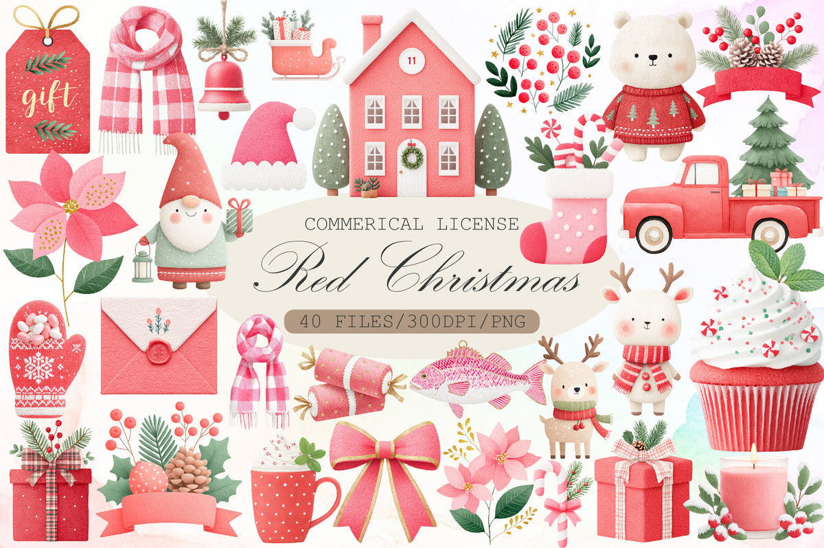 Festive Red Christmas Watercolor Clipart PNG Bundle