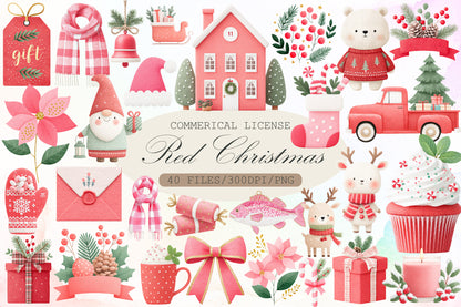 Festive Red Christmas Watercolor Clipart PNG Bundle