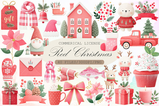 Festive Red Christmas Watercolor Clipart PNG Bundle