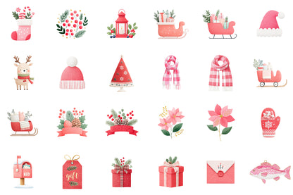 Festive Red Christmas Watercolor Clipart PNG Bundle