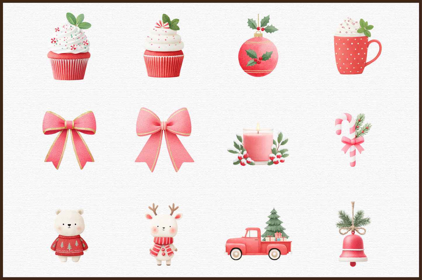Festive Red Christmas Watercolor Clipart PNG Bundle