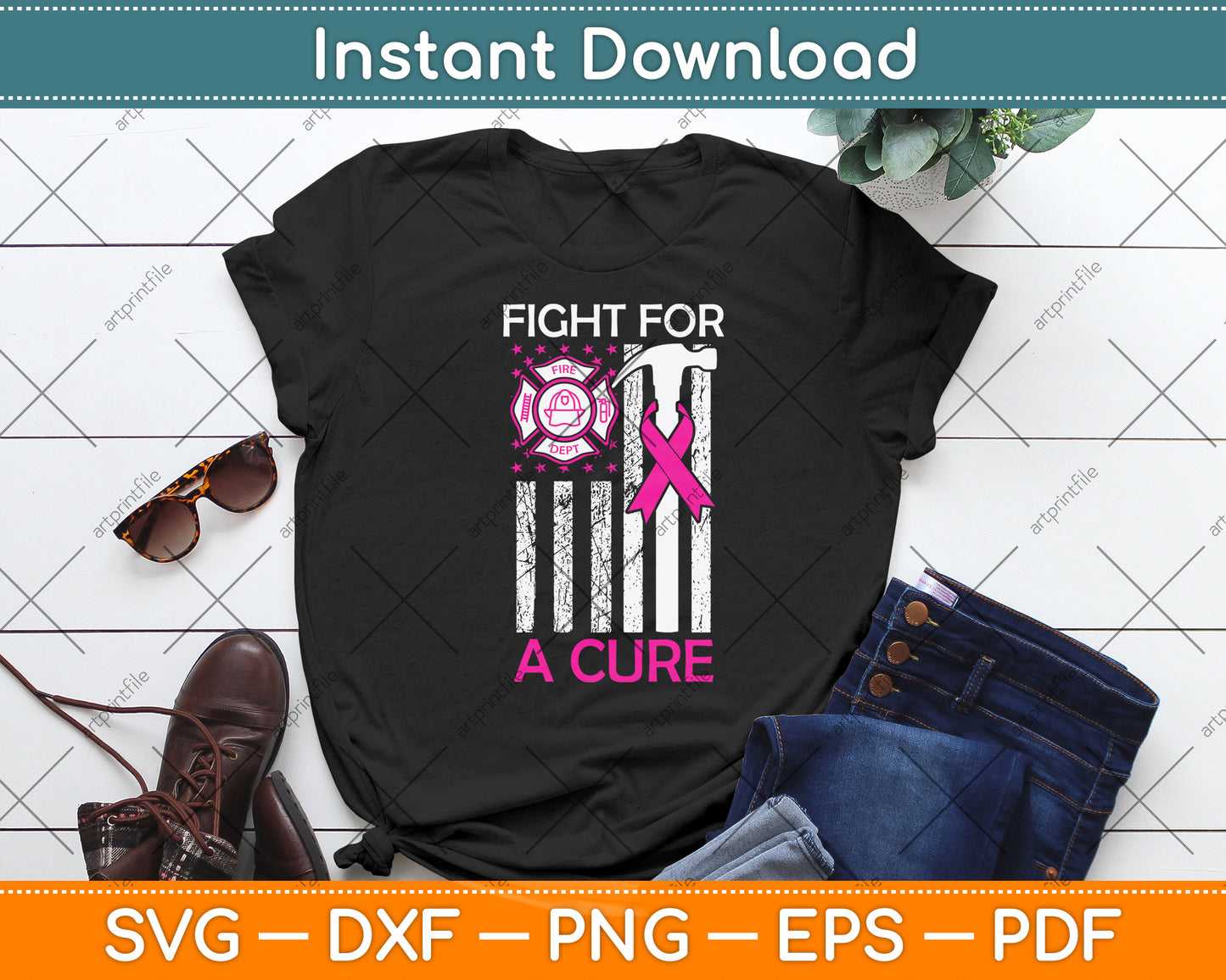 Fight For A Cure Firefighter Usa Flag Breast Cancer Svg Png Dxf Digital Cutting File