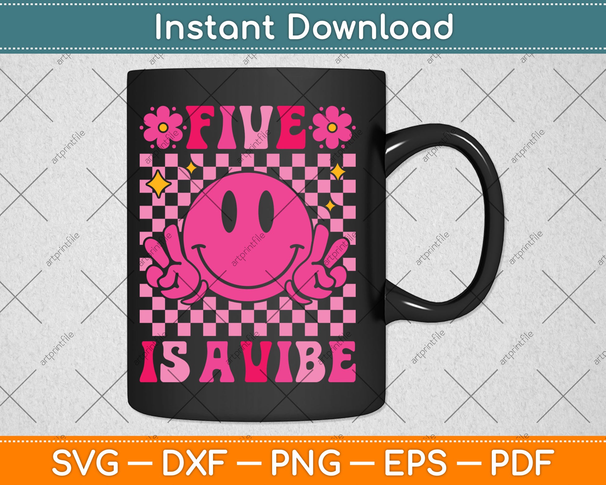 Five Is A Vibe 5th Birthday Groovy Pink Girls 5 Years Old Svg Png Digital File