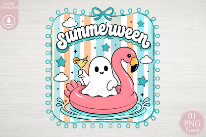 Flamingo Ghost Summerween PNG Cute Spooky Summer Sublimation Design
