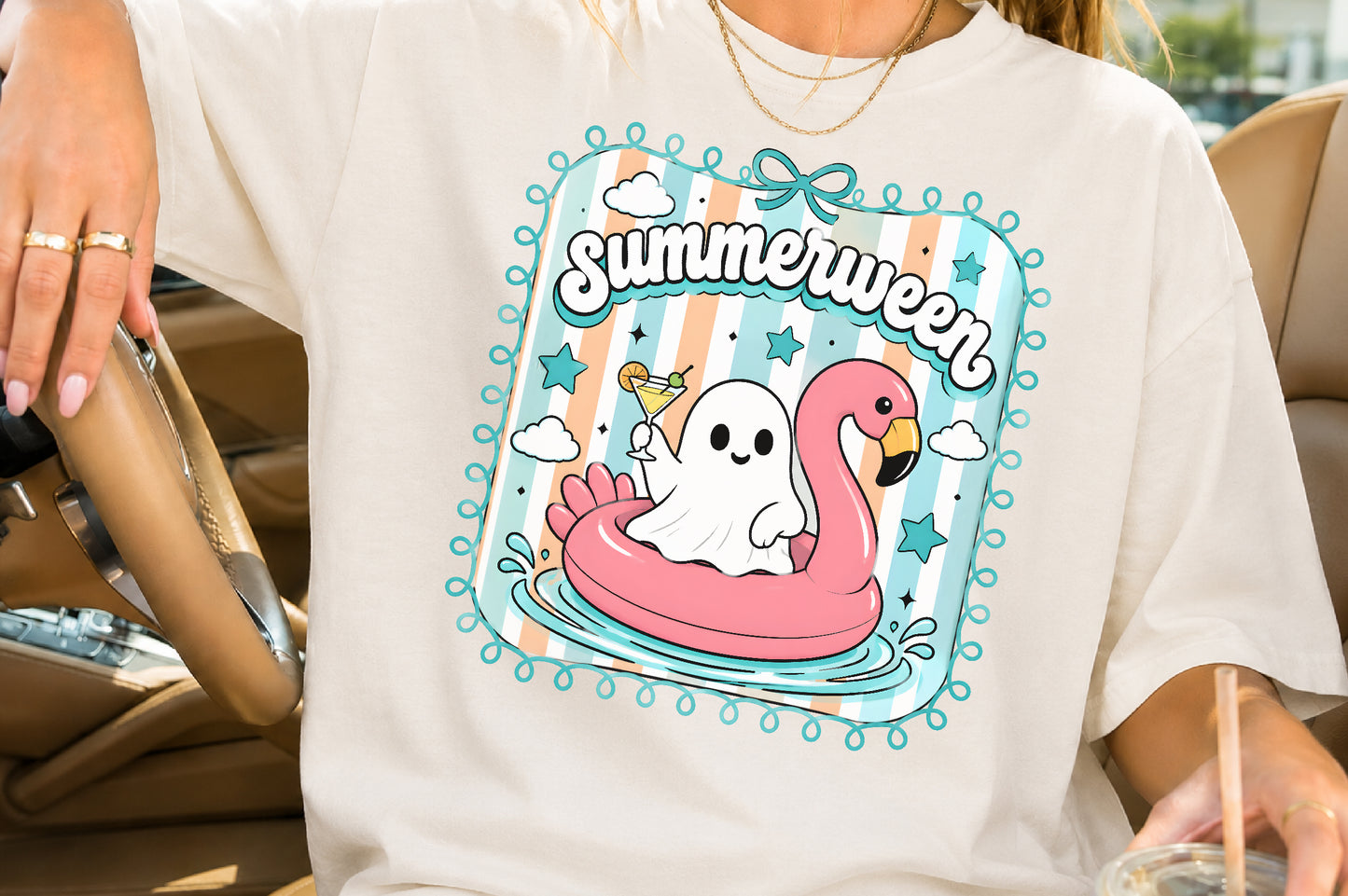 Flamingo Ghost Summerween PNG Cute Spooky Summer Sublimation Design