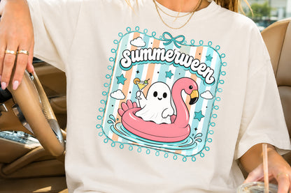 Flamingo Ghost Summerween PNG Cute Spooky Summer Sublimation Design