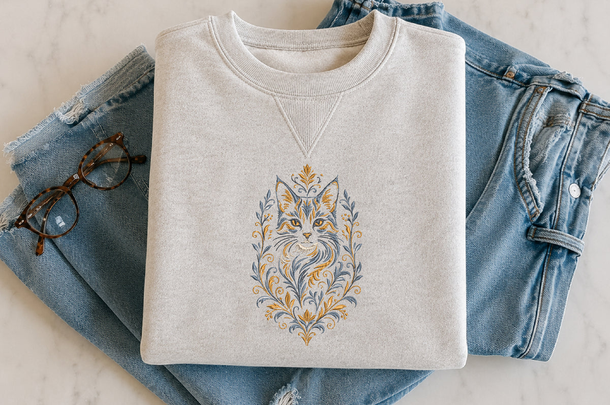 Floral Boho Cat Embroidery Design