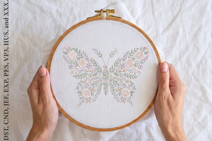 Floral Butterfly Embroidery Design – Beautiful Butterfly & Flower Machine Embroidery Pattern, Elegant Nature Floral Embroidery Design