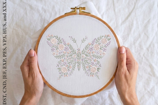 Floral Butterfly Embroidery Design – Beautiful Butterfly & Flower Machine Embroidery Pattern, Elegant Nature Floral Embroidery Design