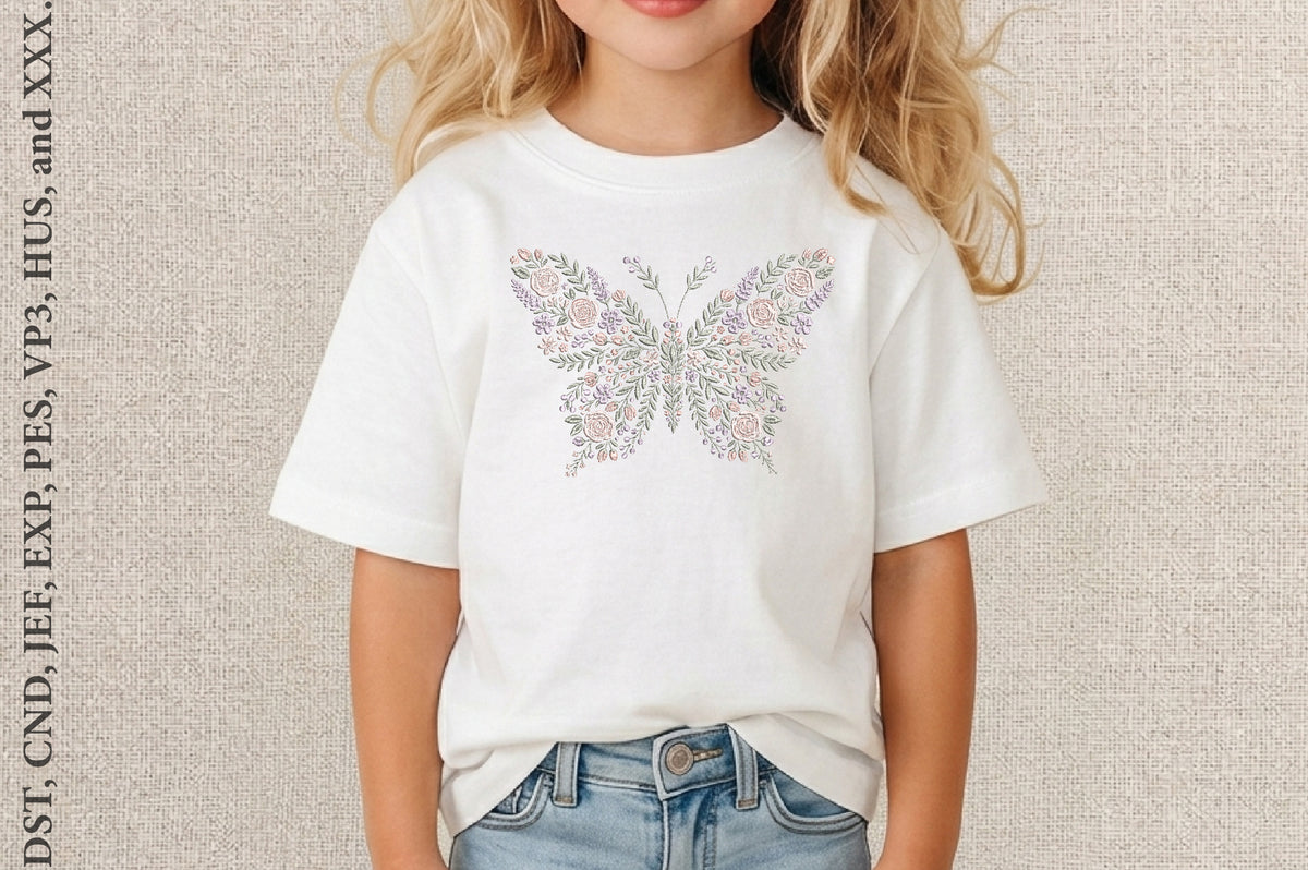 Floral Butterfly Embroidery Design – Beautiful Butterfly & Flower Machine Embroidery Pattern, Elegant Nature Floral Embroidery Design