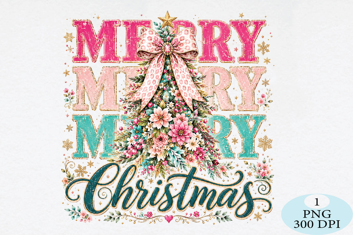Floral Merry Christmas Tree PNG