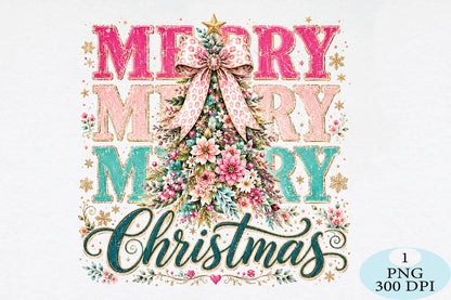 Floral Merry Christmas Tree PNG