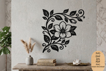 Floral Corner Laser Cut SVG, Elegant Flower Wall Decor, Botanical Corner Cut File