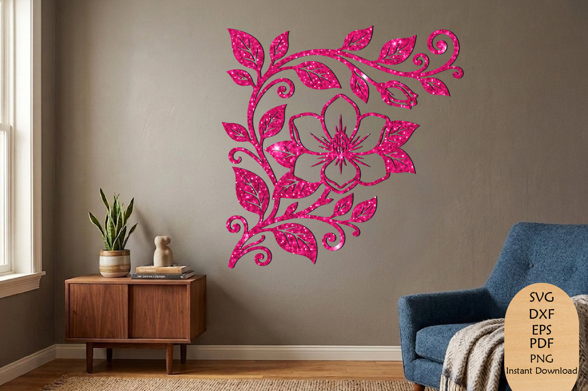 Floral Corner Laser Cut SVG, Elegant Flower Wall Decor, Botanical Corner Cut File