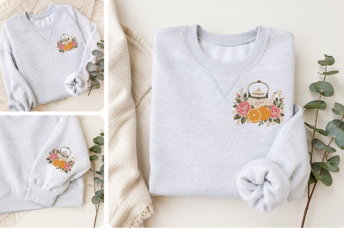 Floral Orange Teapot Embroidery Design