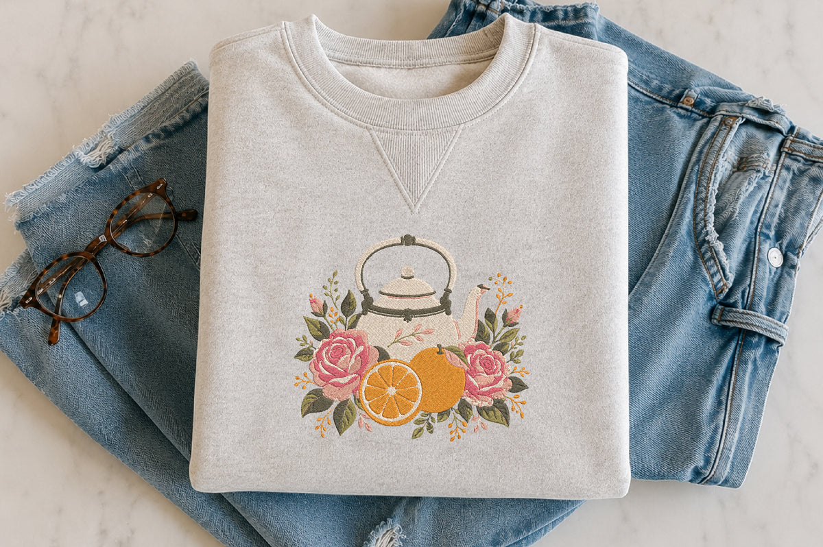 Floral Orange Teapot Embroidery Design