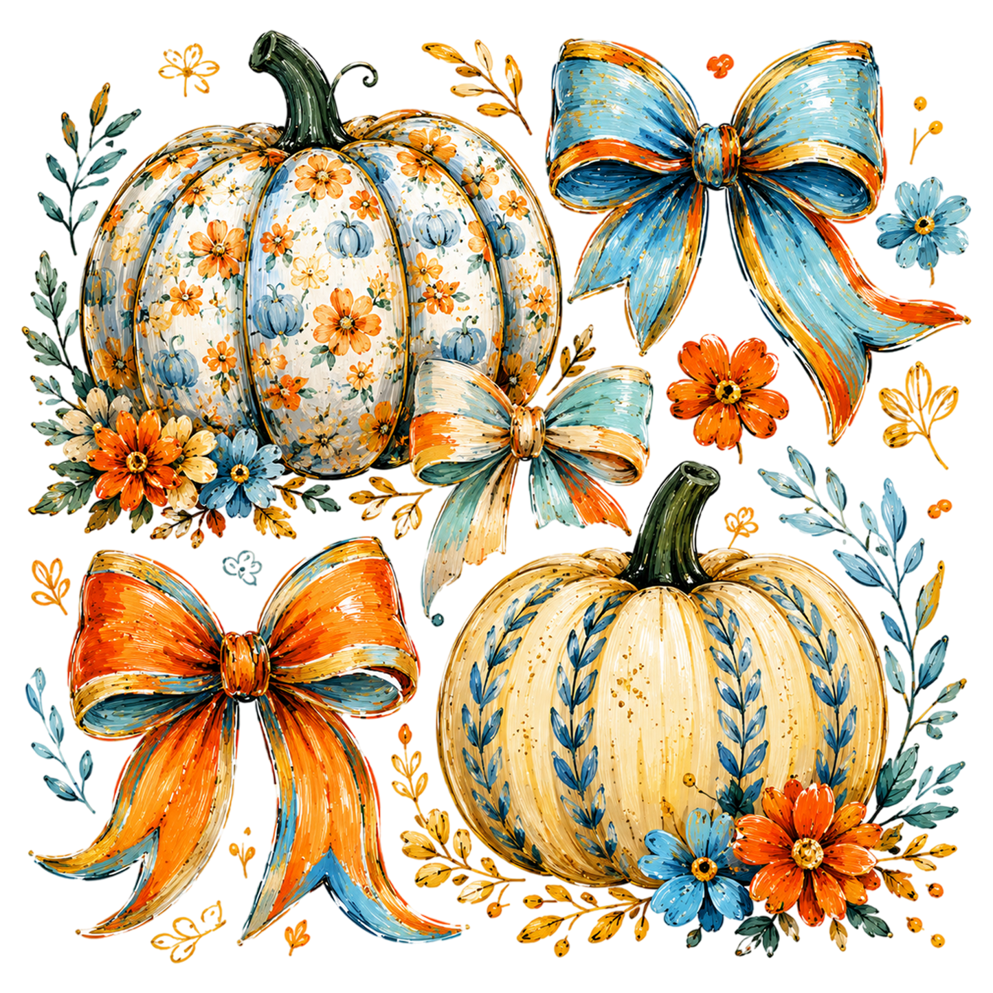 Floral Pumpkin Autumn Bow PNG Fall Harvest Sublimation Design