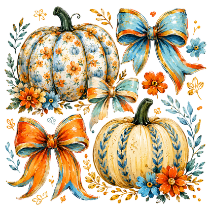 Floral Pumpkin Autumn Bow PNG Fall Harvest Sublimation Design