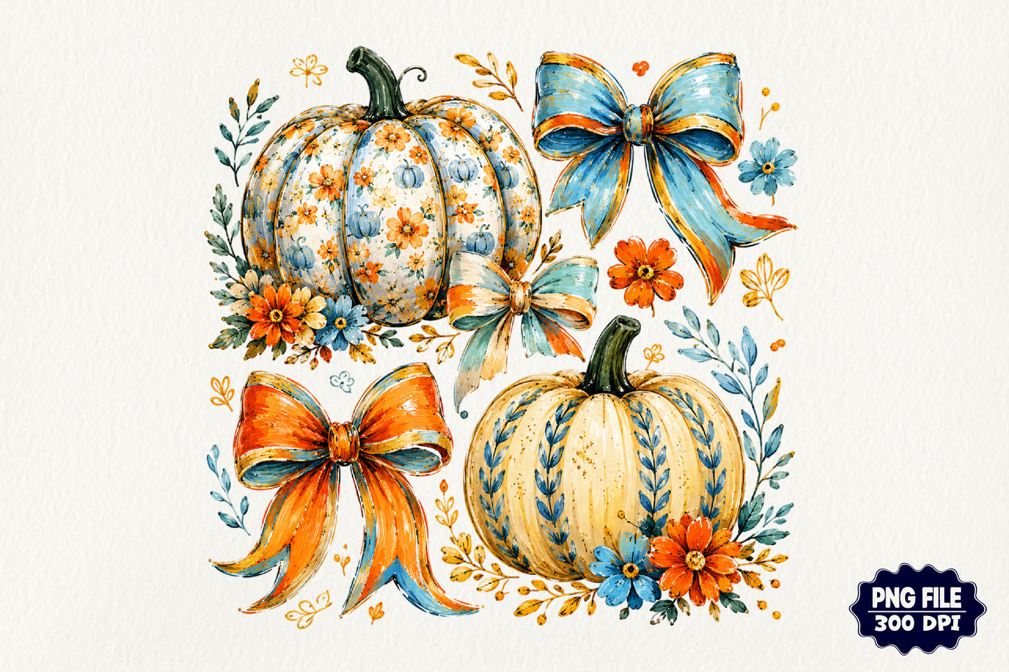 Floral Pumpkin Autumn Bow PNG Fall Harvest Sublimation Design