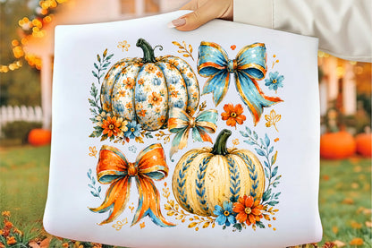 Floral Pumpkin Autumn Bow PNG Fall Harvest Sublimation Design
