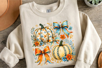 Floral Pumpkin Autumn Bow PNG Fall Harvest Sublimation Design