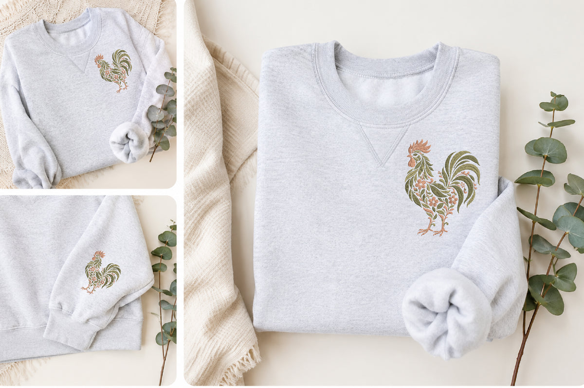 Floral Rooster Embroidery Design